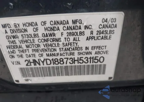 2003 Acura Mdx from USA, damaged, VIN 2HNYD18873H531150